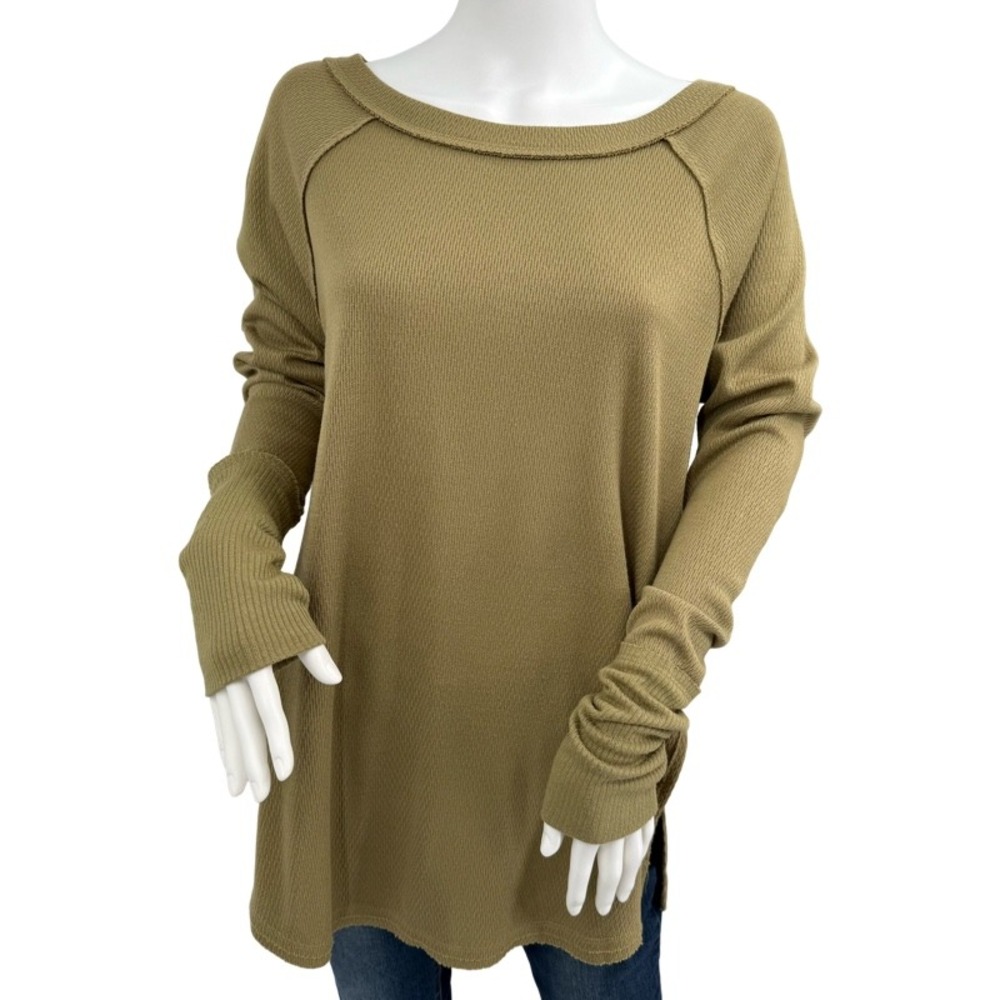 WE THE‎ FREE Medium Thermal Top Olive Green Waffle Knit Oversized Boho Tunic